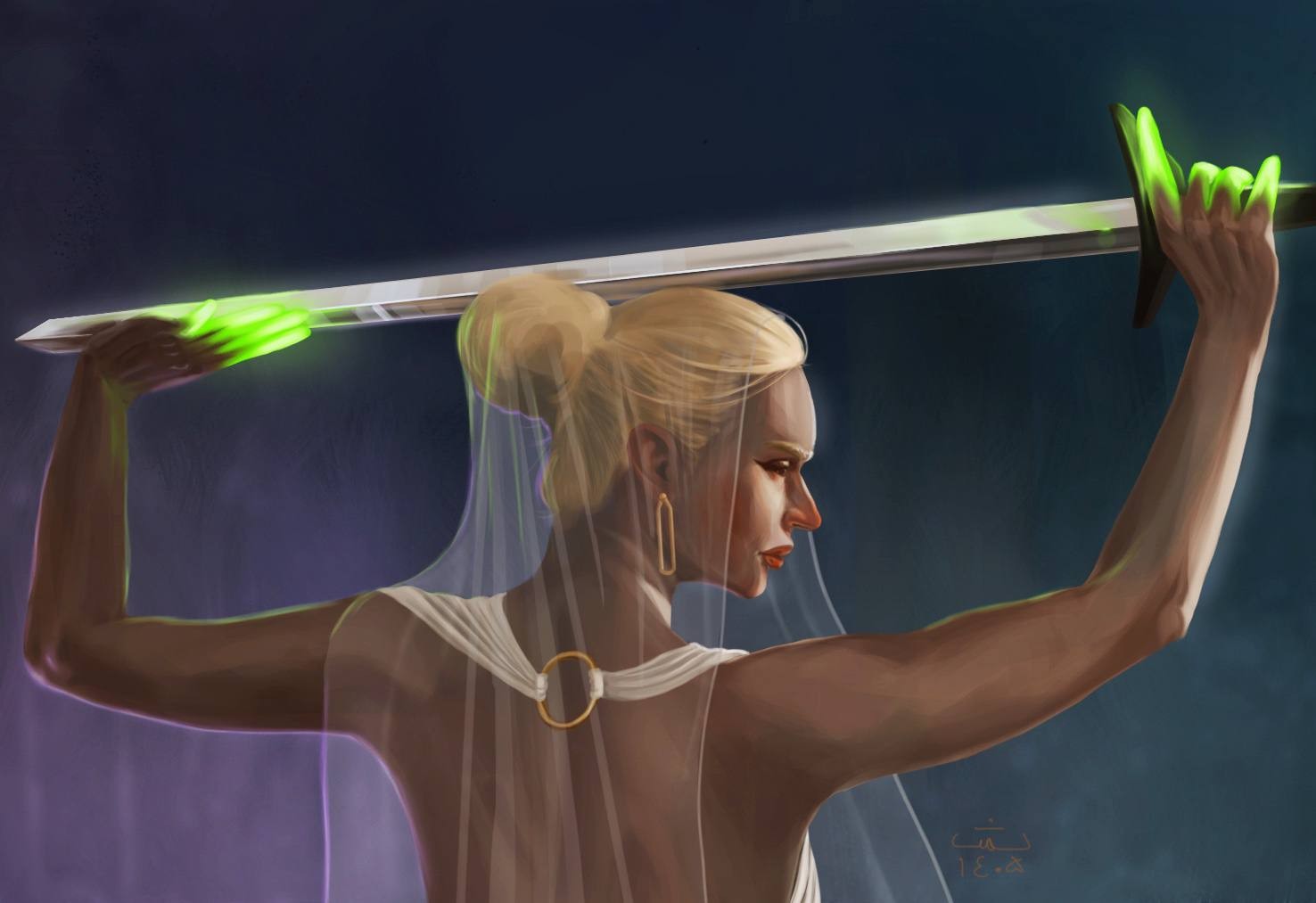 The Enchanted Warrior — full figure with glowing sword