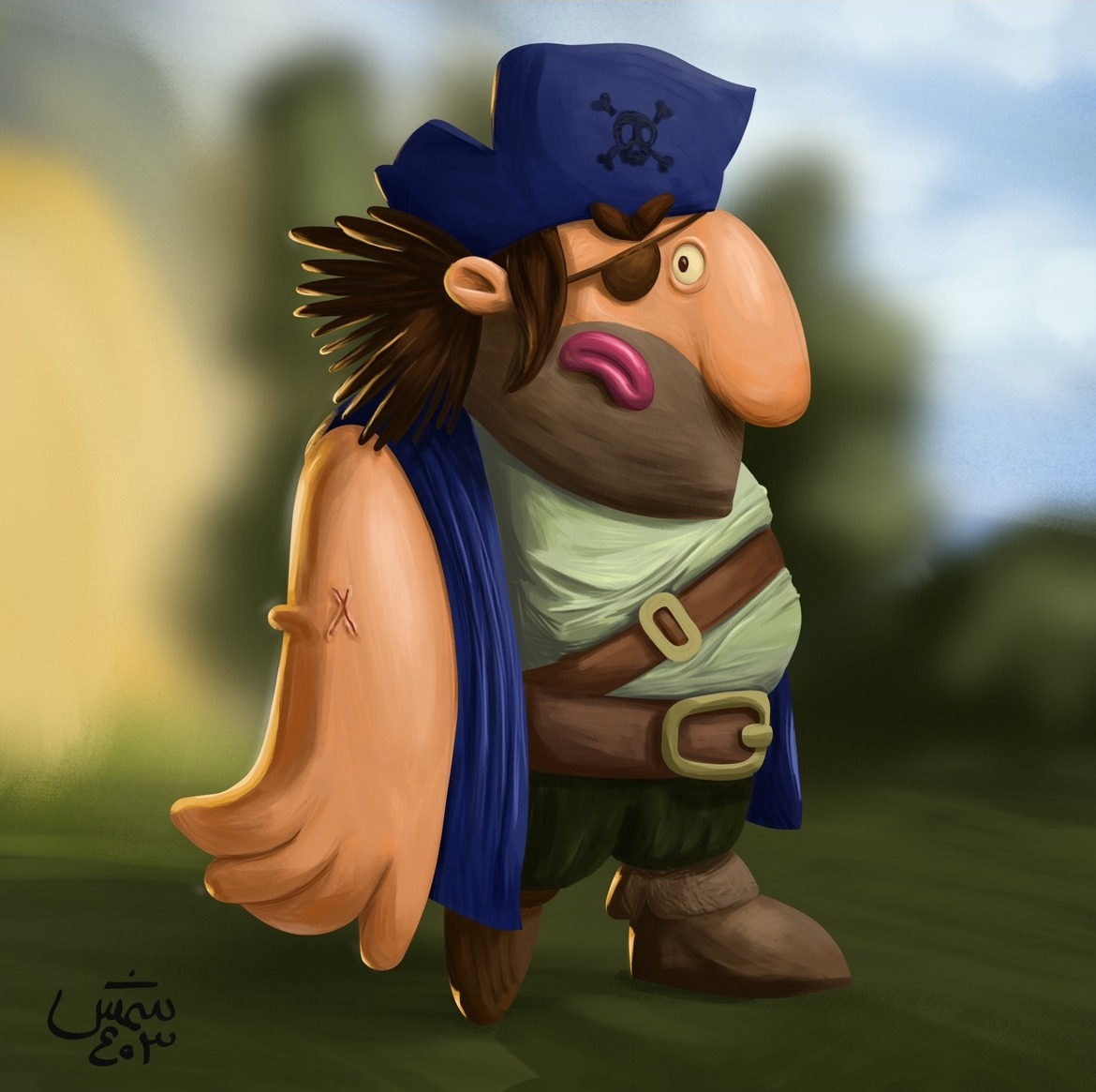 Pirate character design — full figure with blue sash