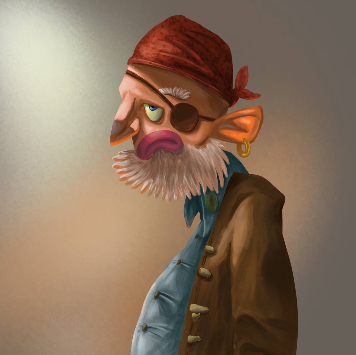 Pirate character design — old bearded pirate with eye patch