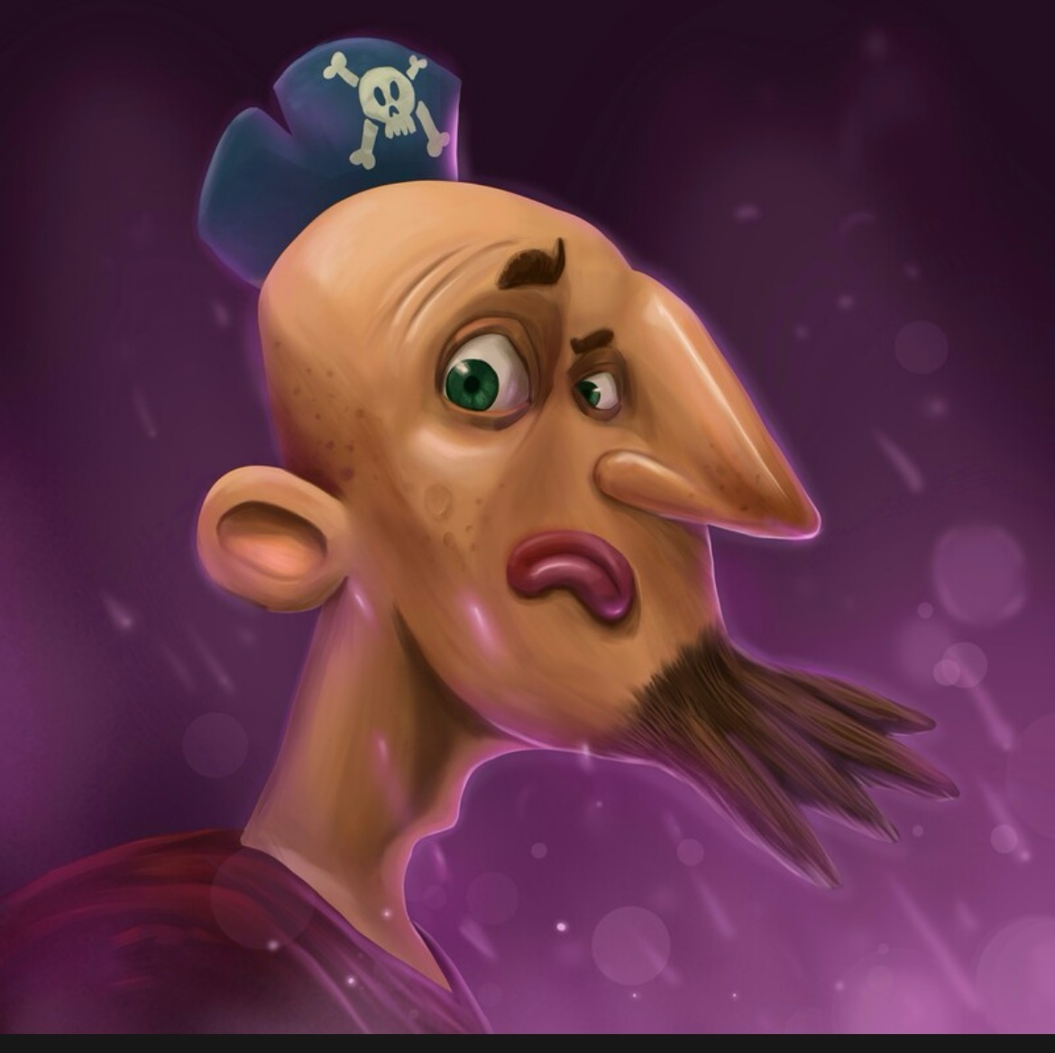 Pirate character design — hook-nosed pirate on purple background