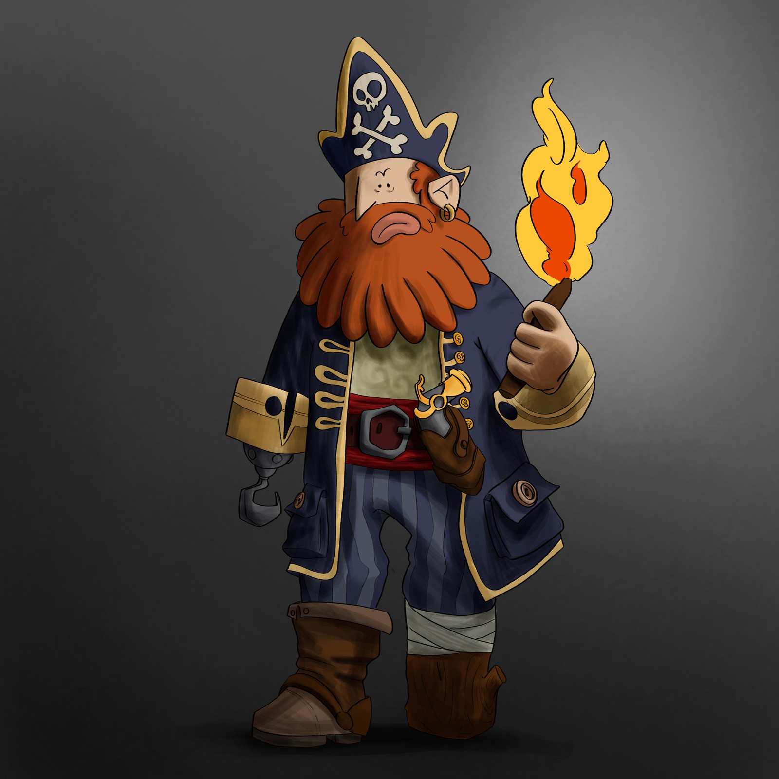 Pirate character design — torch-holding pirate with peg leg
